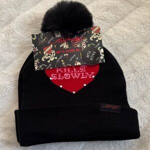 New 2 Pack Ed Hardy Unisex’s Faux Fur Beanie Black Love Kill Slowly Tiger Roses